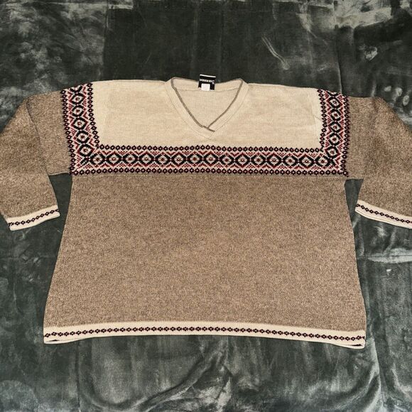 Vintage Fashion Bug Sweater Women's 26 Beige Brown Printed Knit Nordic Plus Size - Picture 1 of 7